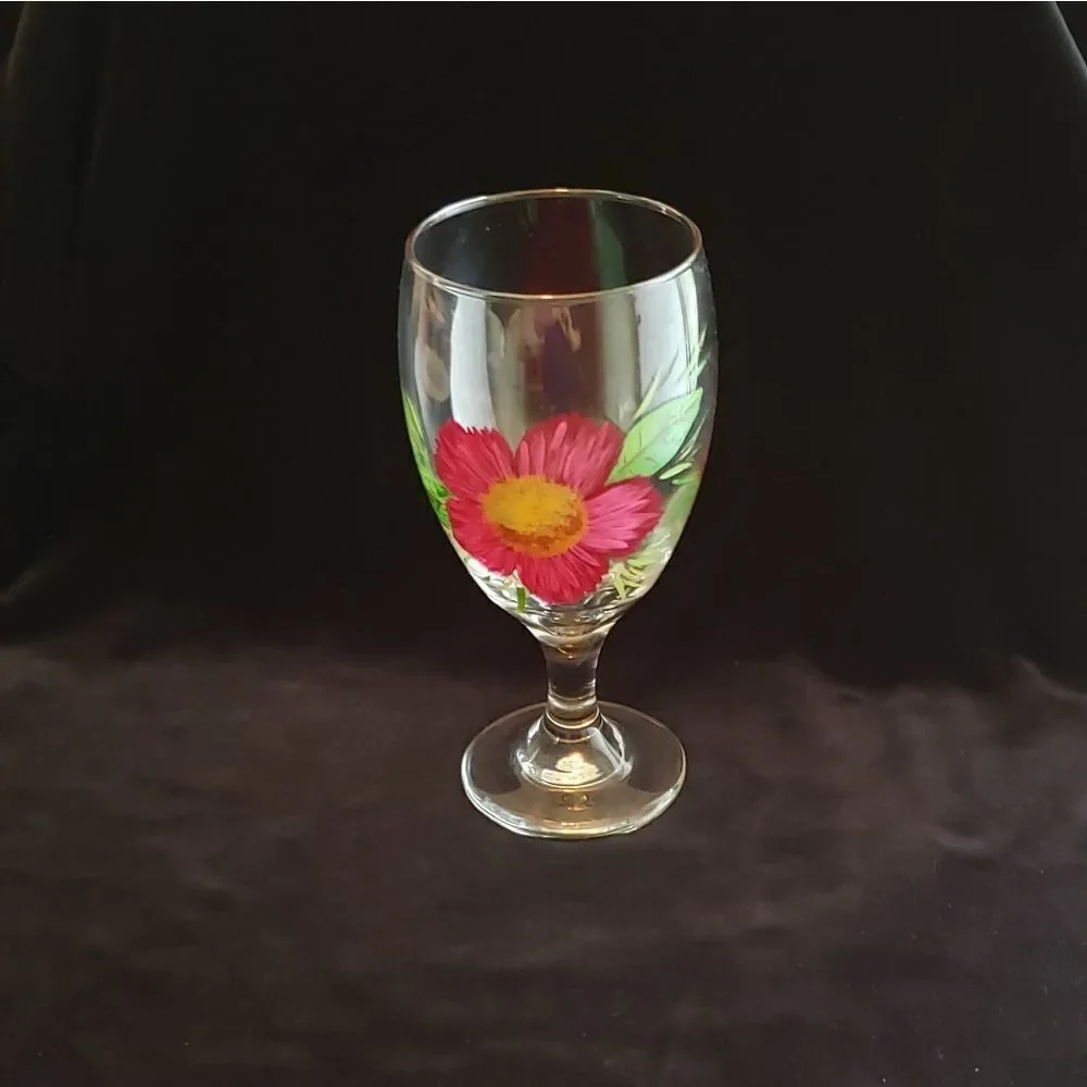 Brand New Pretty Floral Hand Painted Wine Glass